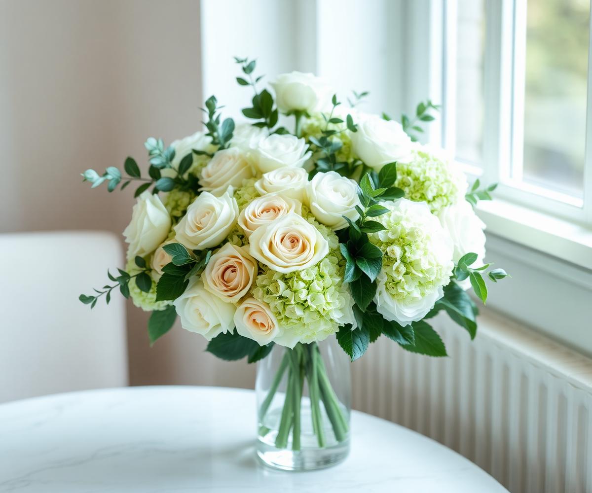 White rose and hydrangea arrangement in a glass vase